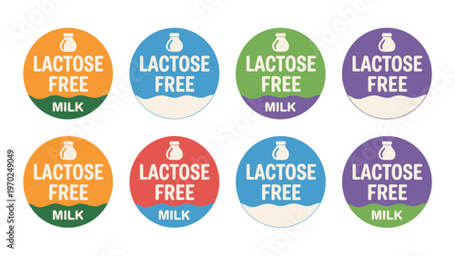 Lactose Free Round Label Badges – Milk Bottle Icon Food Packaging Vector