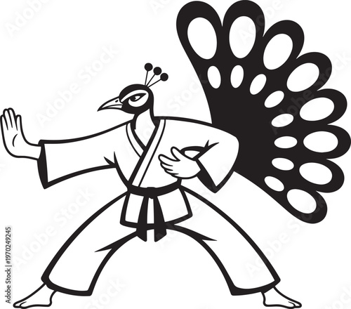 Peacock anthropomorphic character in martial arts stance, artistic line illustration