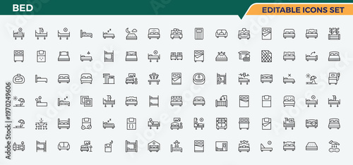 Bed icon set in linear style. Minimalist icons collection. Editable stroke. Furniture vector line icon set. Contains related to hotel, bedroom, furniture, sleep and more.
