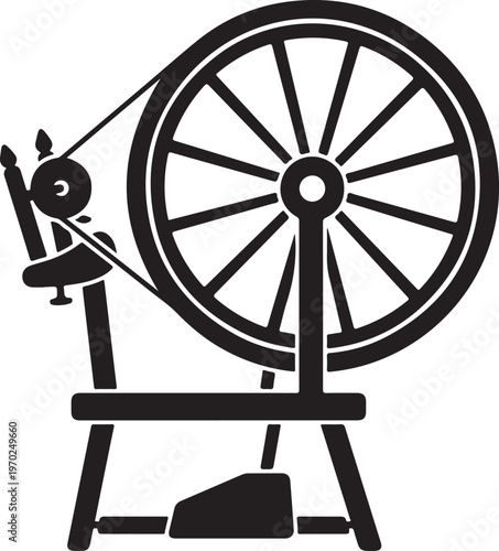 Vintage spinning wheel icon, traditional textile craft tool, simple black silhouette illustration.