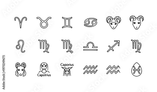 Thin Line Horoscope Icon Set with Zodiac Signs Aries Taurus Gemini Cancer Leo Virgo Libra Scorpio Sagittarius Capricorn Aquarius Pisces