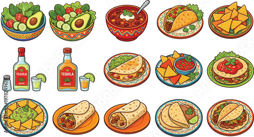Mexican food vector set, delicious tacos, burritos, nachos, tequila bottles, and fresh avocado salad illustrations.