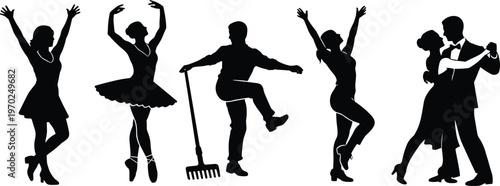 Dance silhouettes, ballet performance, ballroom couple, joyful movement, cultural rhythm, artistic expression, traditional dance pose, summer festival celebration, graceful choreography