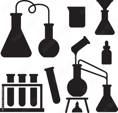 Set of black laboratory glassware icons for chemistry experiments and scientific research.
