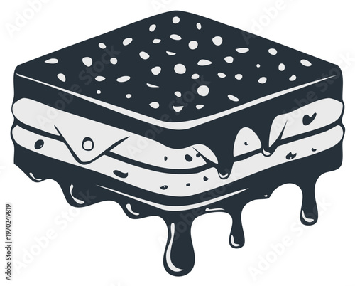 Delicious Ice Cream Sandwich Illustration with Dripping Chocolate Fudge Drizzle, Sweet Dessert Treat, Indulgent Food