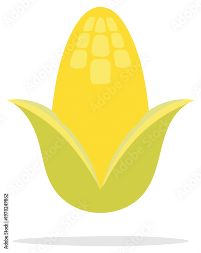 Bright yellow corn cob with green husks, simple flat design illustration