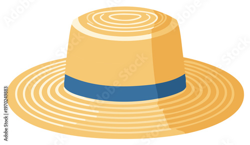Stylish straw sun hat with blue ribbon for summer fashion and sun protection from heat and ultraviolet radiation