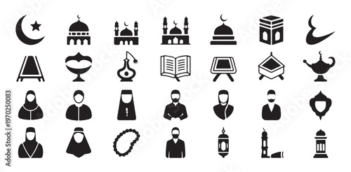 Diverse collection of black and white vector icons representing islamic religion and culture