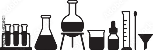 Collection of scientific laboratory equipment icons including beakers and flasks.
