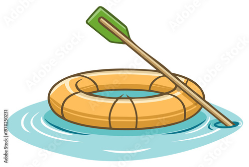 Cartoon life preserver ring floating on water with a paddle