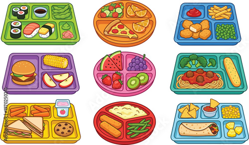 Healthy kids bento lunch boxes set, school meal prep containers, diverse food tray vector illustration