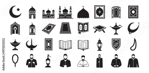 Extensive collection of black and white vector icons symbolizing islamic religion and traditions