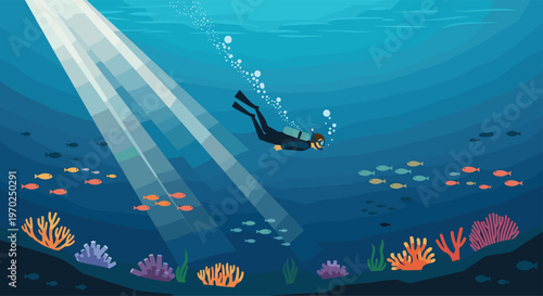 A diver in a black wetsuit swims horizontally through an illuminated underwater scene with colorful fish and coral.