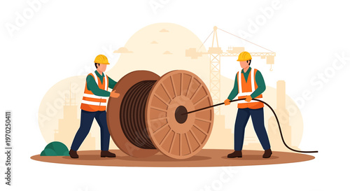 Construction workers installing large cable spool for infrastructure project.