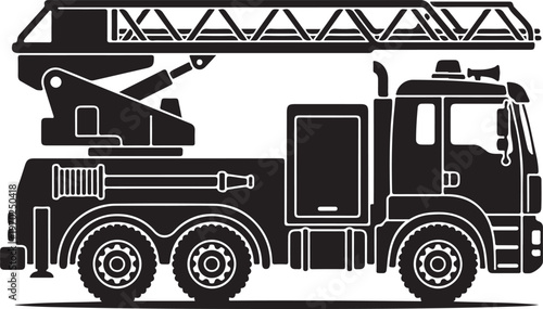 Black silhouette of a fire truck with extended ladder and equipment, viewed from the side.