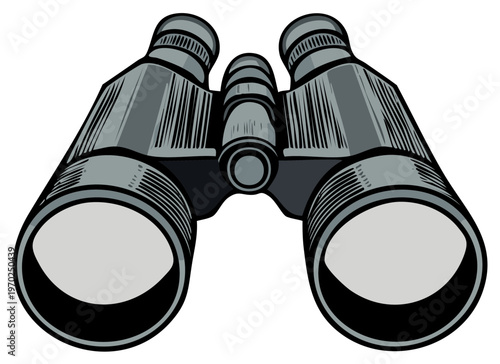 Illustration of black and grey binoculars for surveillance or bird watching