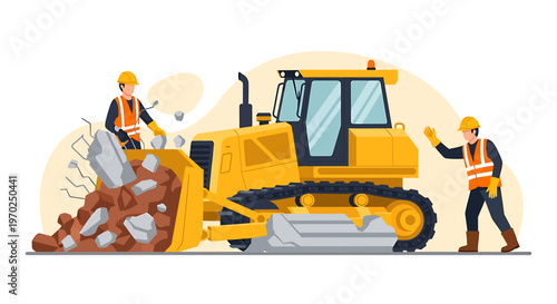 Construction workers operate a yellow bulldozer at a site.