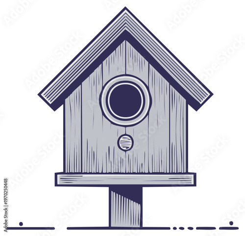 Rustic wooden birdhouse on a post in a graphic woodcut illustration style