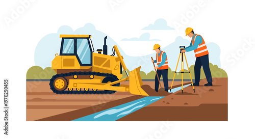Construction workers operate heavy machinery and surveying equipment on a site.