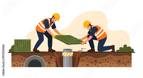 Construction workers installing underground pipes and drainage systems.