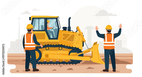 Construction workers operate a yellow bulldozer on a site.