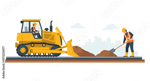 Construction workers operate heavy machinery on a site.