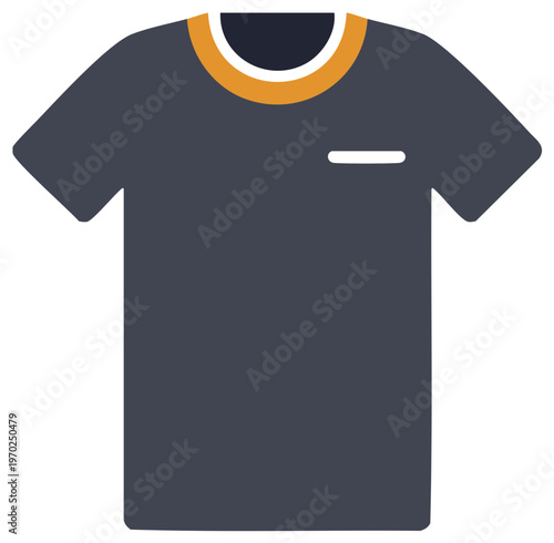 Flat design illustration of a dark blue t-shirt with orange neckline and pocket detail