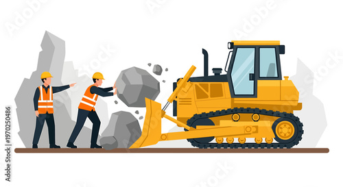 Construction workers operating a bulldozer moving large rocks.