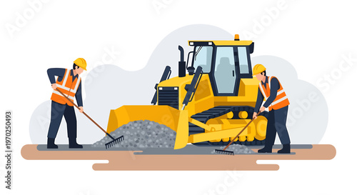 Construction workers operate heavy machinery on a site.