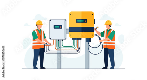 Electricians installing solar power equipment on poles.