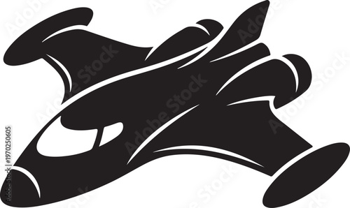 Black silhouette of a dynamic, futuristic spacecraft, evoking themes of advanced technology and space exploration.