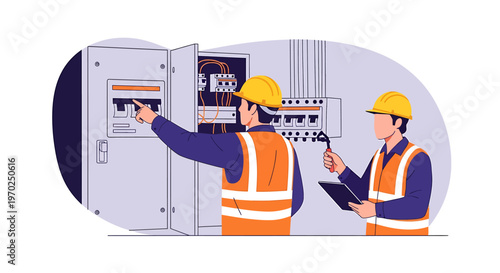 Electricians working on electrical panel and wiring.