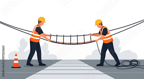 Two construction workers installing a cable net between power lines.