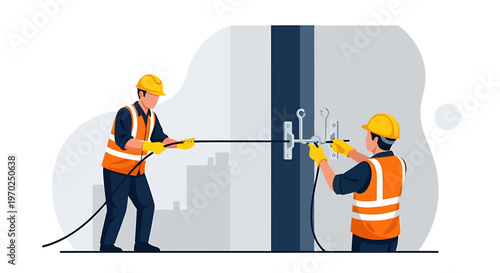 Two construction workers installing a cable.