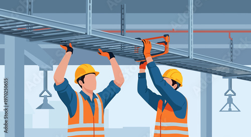 Two construction workers installing cable tray system overhead.
