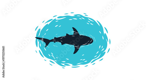 A black shark silhouette is surrounded by energetic blue water splashes on a white background, viewed from above.