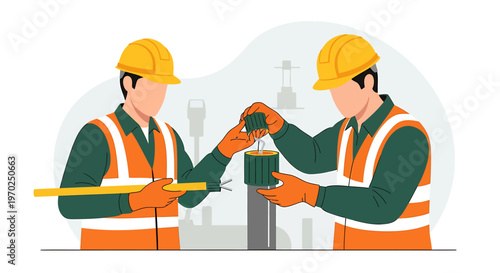 Two construction workers in hard hats and safety vests collaborating on a project.