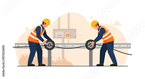Two electricians installing electrical cables on a construction site.