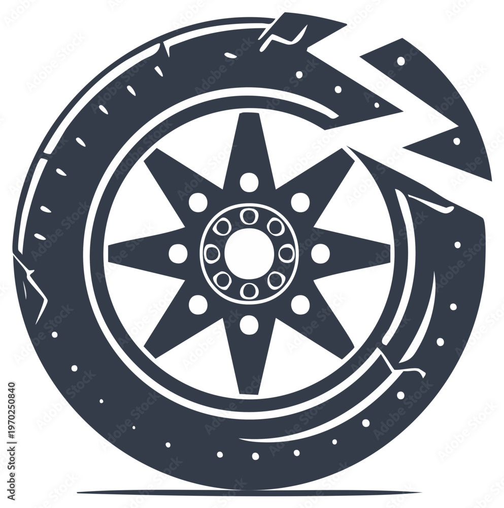 Fototapeta premium Vector icon of a damaged car wheel with a cracked tire and star rim