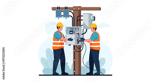 Two electricians working on a power pole with electrical equipment.