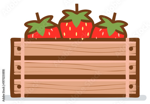 Cartoony Strawberries in Wooden Crate Illustration