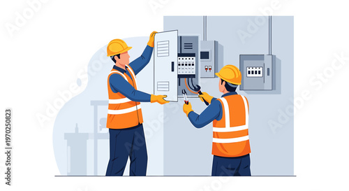 Two electricians working on electrical panel and wires.
