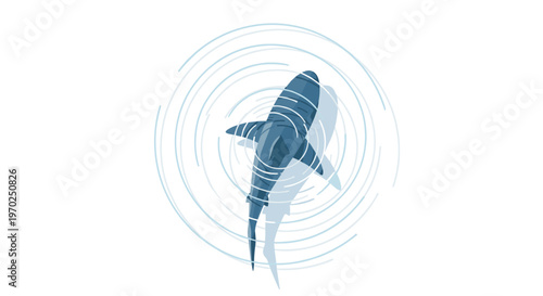 A stylized blue shark with a shadow swims amidst concentric ripples on a white background, viewed from directly above.