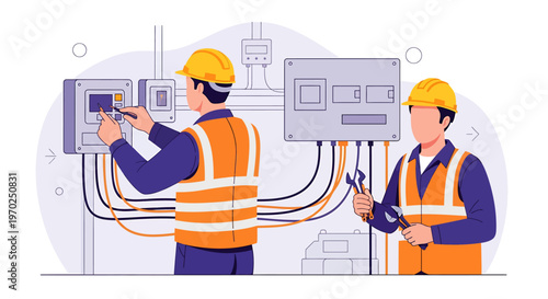 Two electricians working on electrical panel and wiring.