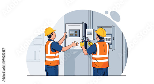 Two electricians working on electrical panel installation.