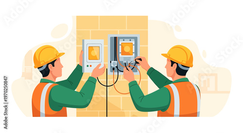 Two electricians working on electrical panel installation.