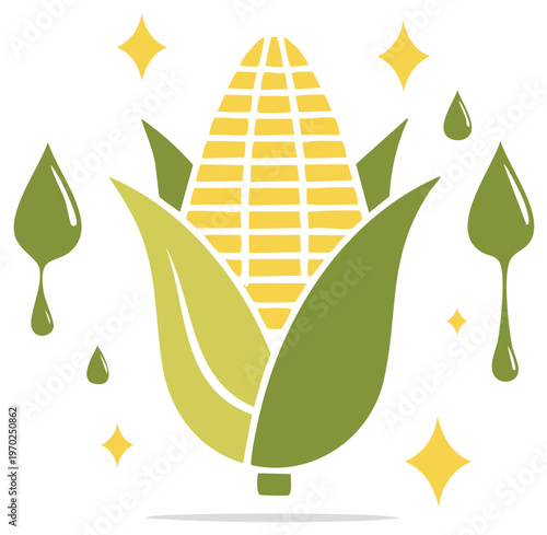 Stylized Corn Cob Surrounded by Star Shapes and Drops, Vector Illustration
