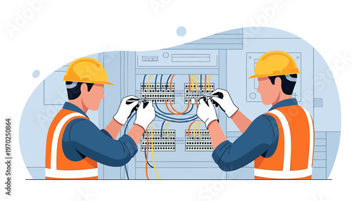 Two electricians working on electrical panel wiring together.