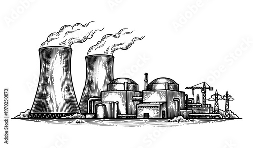 Nuclear power plant engraving style vector with cooling towers scratchboard illustration isolated on white background