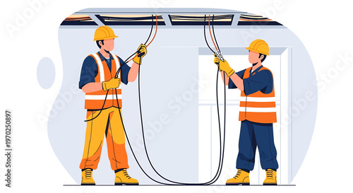 Two electricians working together installing electrical wires overhead.